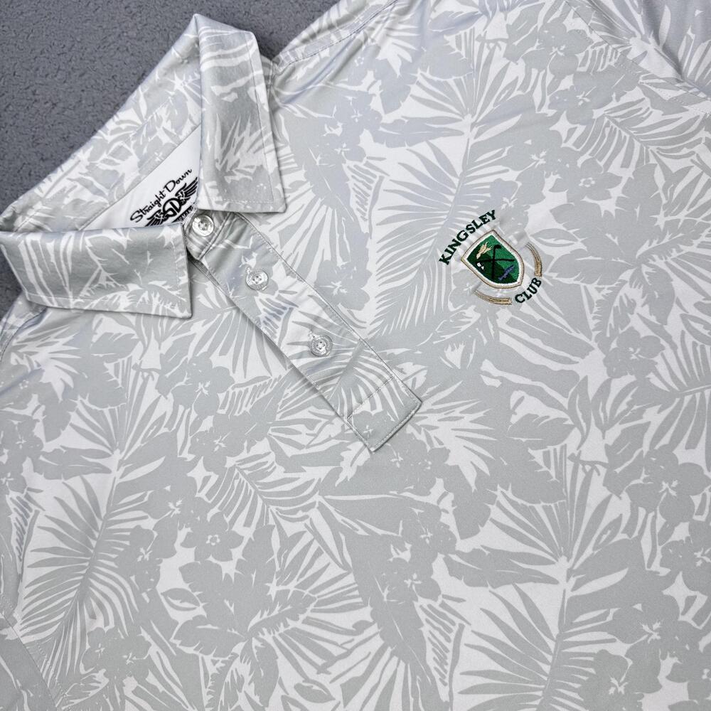 Straight Down Polo Shirt Mens XL Gray White Tropical Floral Kingsley Club Golf